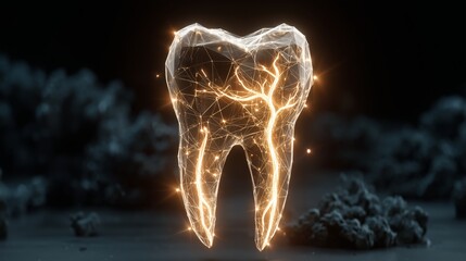 A detailed depiction of a tooth displaying its inner structure with glowing roots, demonstrating the nerve connections and health aspects of human dentistry in a captivating manner.