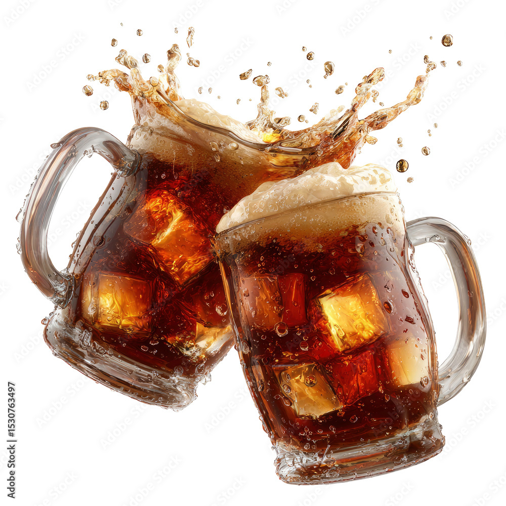 Poster two mugs of cola with ice cubes splashing on transparent background