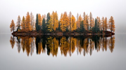 On a hazy autumn morning, larch trees stand on calm waters, orange and yellow hues contrasting with the white sky, creating a tranquil natural beauty.