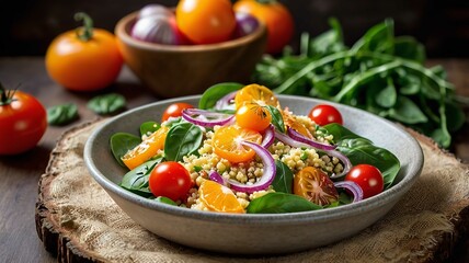 Vegetable Millet salad with red onion, cherry tomatoes, spinach and tangerine.