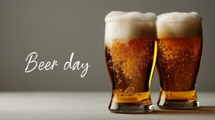 Two mugs filled with amber beer sit on a rustic wooden table surrounded by pinecones and greenery, creating a joyful atmosphere for beer day celebrations.
