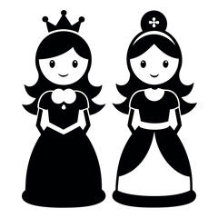 Cute Cartoon Princess Characters - Black and White Royal Queen Glyphs for Girls