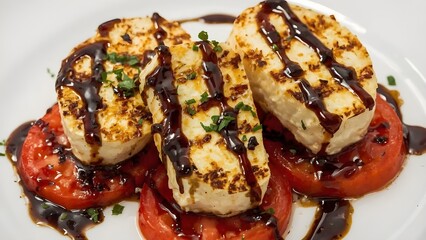 "Grilled Halloumi with Tomato and Balsamic Glaze – Mediterranean Gourmet Dish"