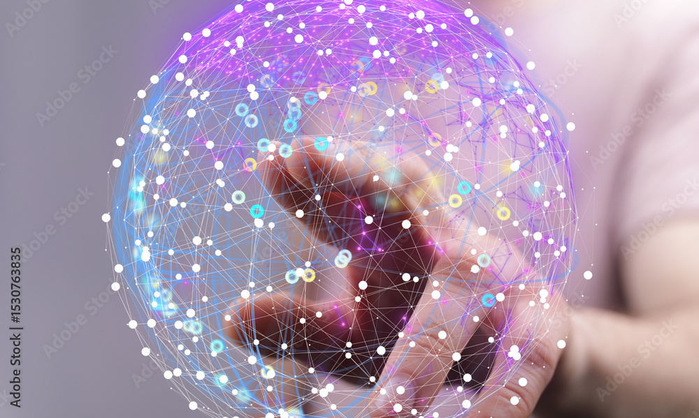Poster Abstract image of a hand interacting with a glowing network sphere. Represents global connection, digital technology, and networking.