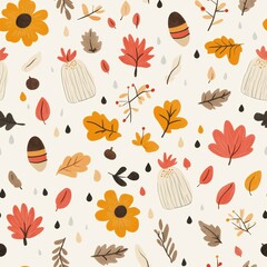 Chubby flowers wearing tiny scarves, surrounded by leaves, acorns, and raindrops in a cozy autumn-themed pattern