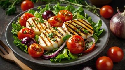 Vegetable salad cherry tomatoes, baked pepper, salad mix and onion with grilled haloumi cheese.