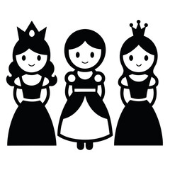 Cute Cartoon Princess Characters - Black and White Royal Queen Glyphs for Girls
