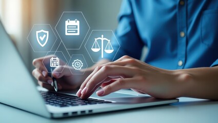 Person working on a laptop with digital legal icons overlaid.