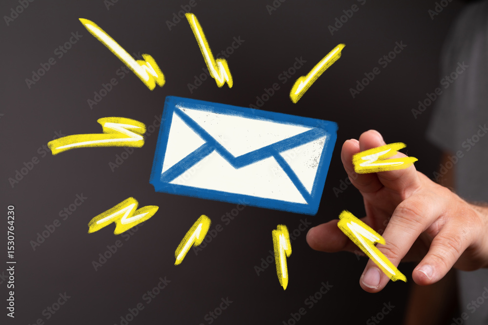 Poster a hand reaches towards a bright email icon, symbolizing new messages or notifications.