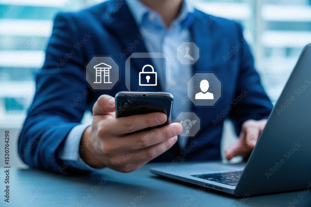 Poster person using a smartphone and laptop with security icons displayed.