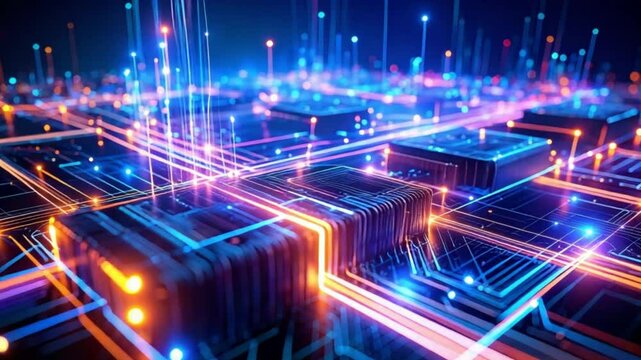 Futuristic digital network; glowing data streams, circuit board; tech background; website banner
