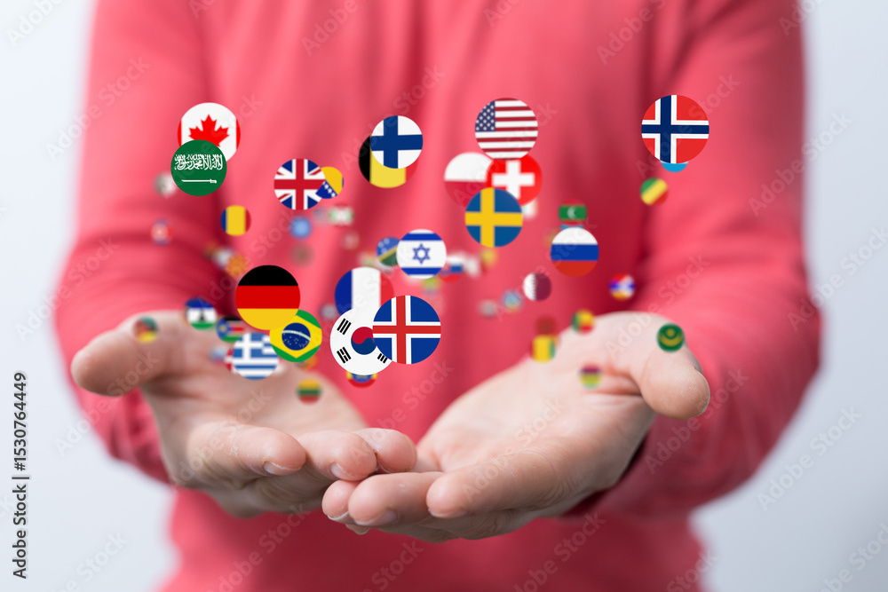 Poster Image of hands gently cradling numerous flags representing global unity and international collaboration.