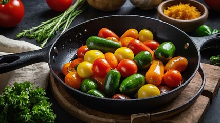 Vegetables filled with black frying pan