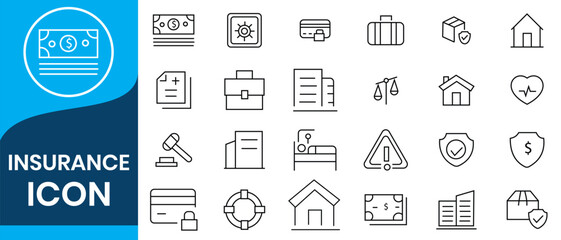 Insurance thin line icons set. Insurance  symbols collection. Life, car, house, care, money, pet insurance editable stroke icon. Vector illustration