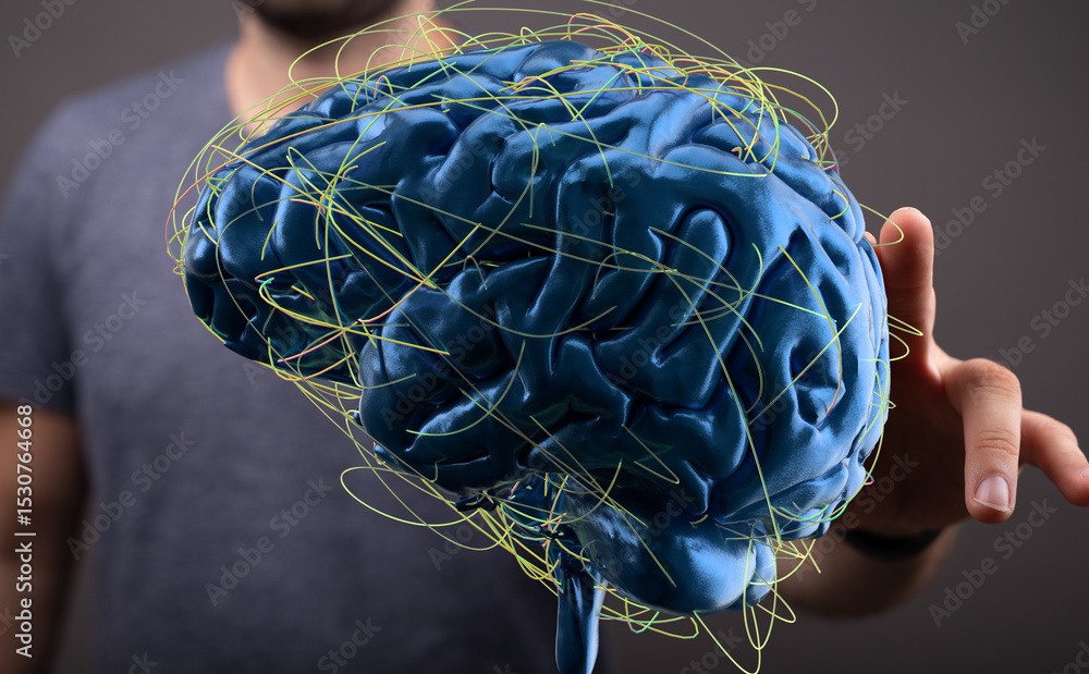 Poster 3d rendered human brain with glowing neural network connections. perfect for ai, neuroscience, and t