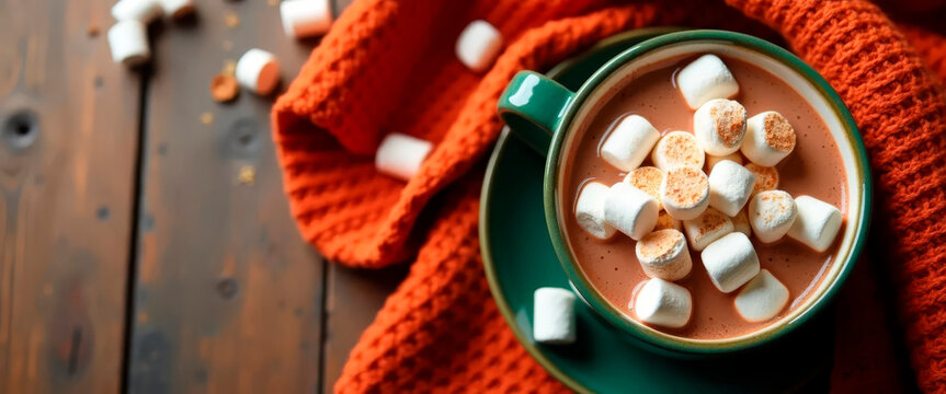 Top view of hot chocolate with marshmallows and knit fabric in warm autumn colors, evoking cozy seasonal vibes.