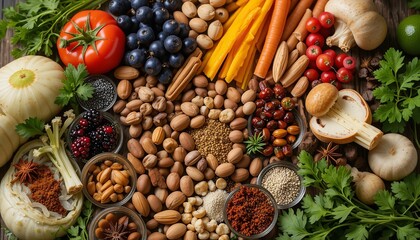 Vegetables, fruits, nuts, berries and mushrooms, parsley and spices.