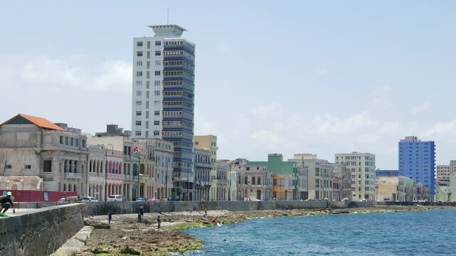 Skyline of Havana, Cuba and the famous Malecon landmark street along the coast.