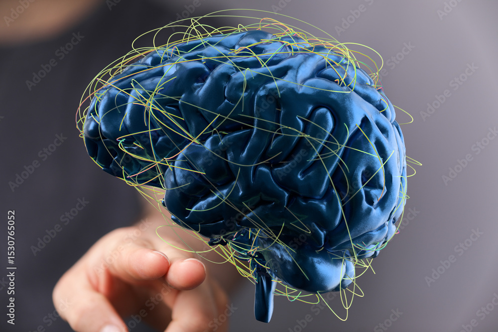 Poster 3d model of human brain with highlighted neural pathways. ideal for ai, neuroscience, and technology