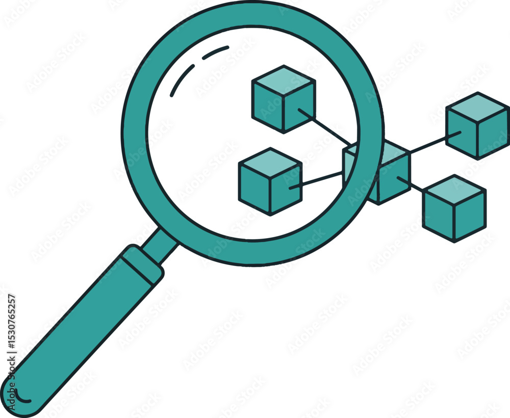 Poster data analysis examining interconnected cubes under a magnifying glass