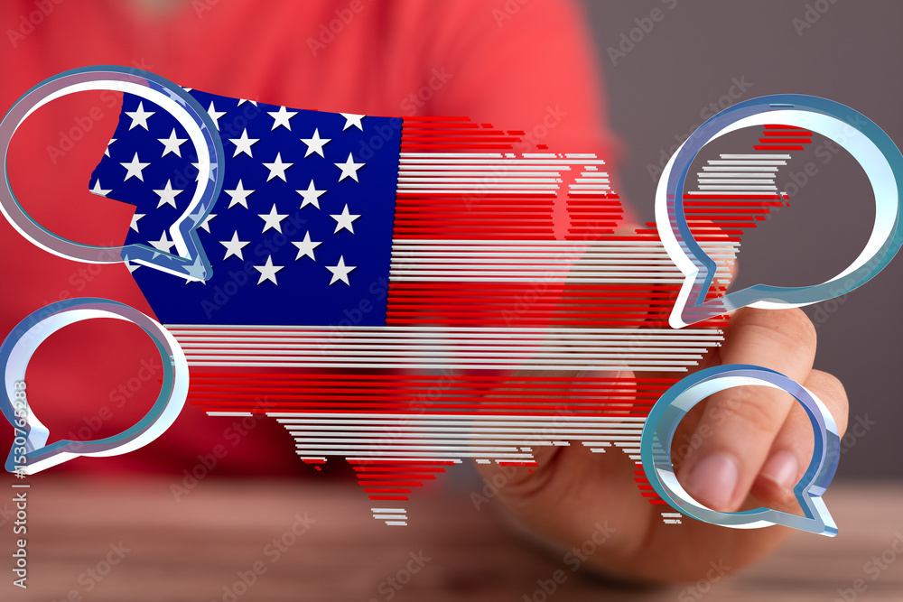 Poster digital illustration of a us map with speech bubbles, representing communication and social media in