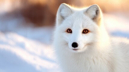 Obraz premium Close-up of a white Arctic fox in a snowy landscape during golden hour, showcasing its vibrant eyes