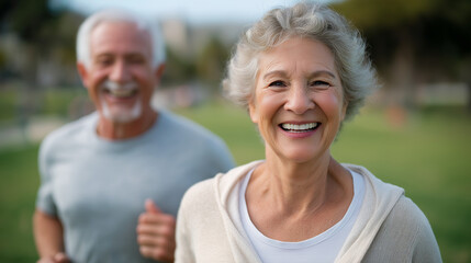 Obraz premium Active senior couple running in a park with vibrant nature