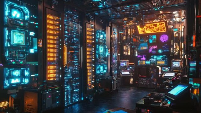 Futuristic Control Room with Holographic Screens and Advanced Data Servers