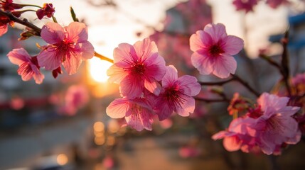 Pink Cherry Blossoms at Sunset Close Up View