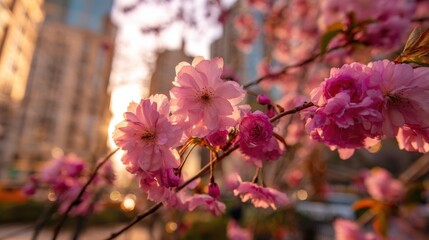 Obraz premium Pink Cherry Blossoms at Sunset in the City