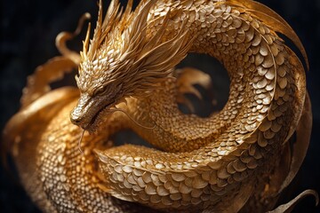 Detailed close-up view of a golden dragon sculpture.
