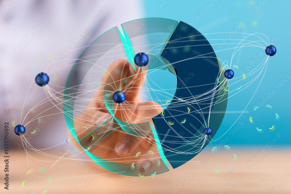 Poster Hand interacting with a 3D pie chart network, visualizing data connections and global network.
