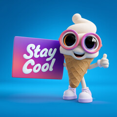 Cute Ice Cream Cone Mascot with Sunglasses Holding Stay Cool Sign on Blue Background. Fun and cheerful concept perfect for summer, food advertising, or youth branding.