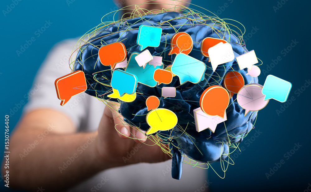 Aufkleber Abstract image of a brain with colorful speech bubbles, representing communication and ideas.