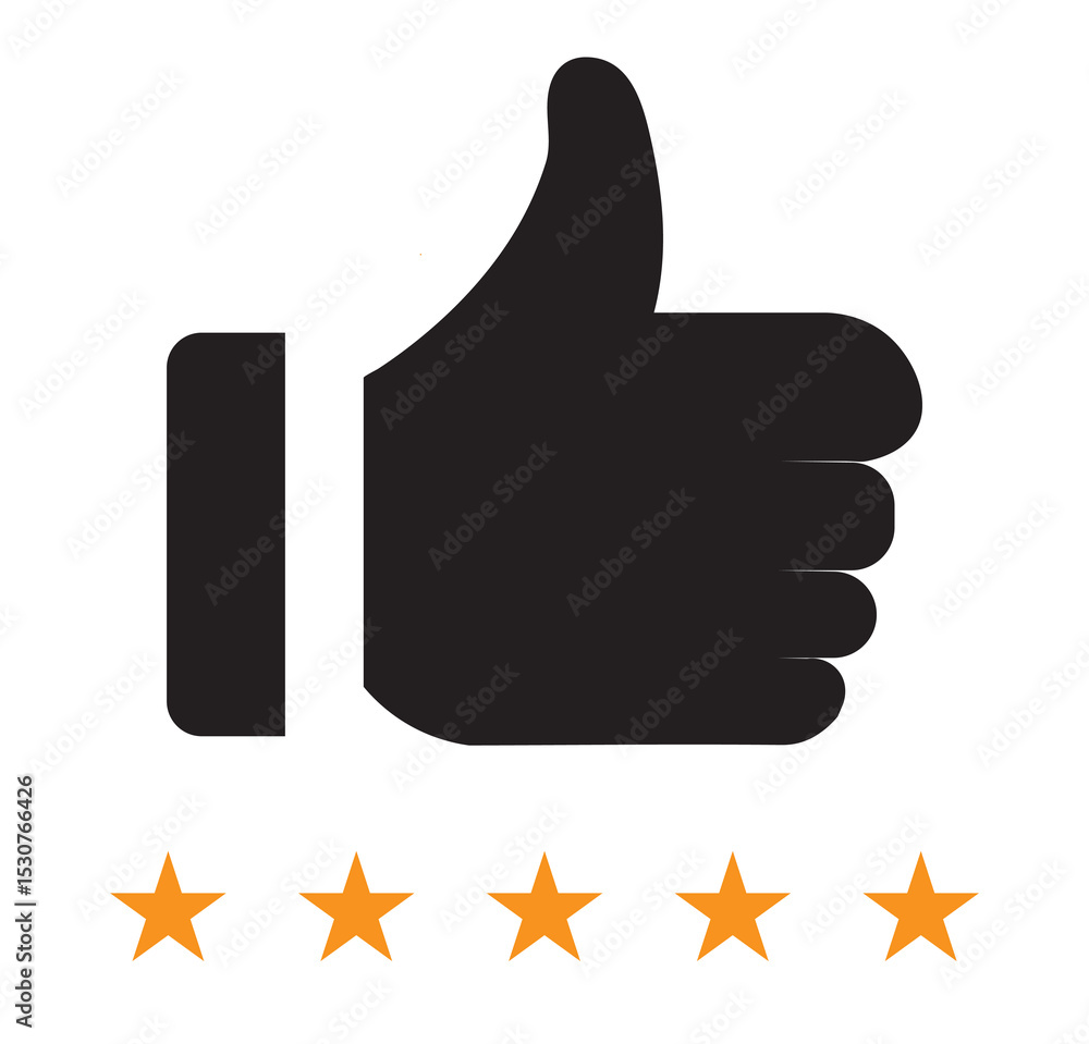 Poster simple vector black icon of customer feedback with stars and a thumbs up. thumb up with five stars i