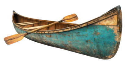 a wooden canoe with a paddle on it on white background