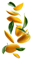Obraz premium Fresh Mango Slices and Whole Fruits with Leaves on Transparent Background