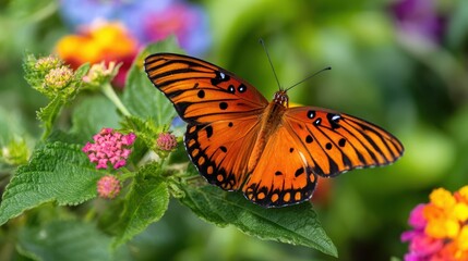 Fototapeta premium Vibrant orange butterfly perched on colorful flowers in a lush garden setting, showcasing nature's beauty