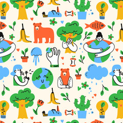 No plastic, go green, Zero waste concepts. Doodle icons style illustration seamless pattern border doodle drawing