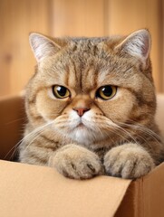 A fluffy cat with a serious expression lounging in a cardboard box against a wooden backdrop