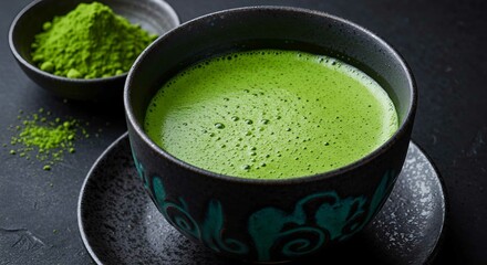 Matcha green tea in a traditional ceramic cup with a side bowl of matcha powder. Healthy drink in a dark setting, for diet and detox concept.