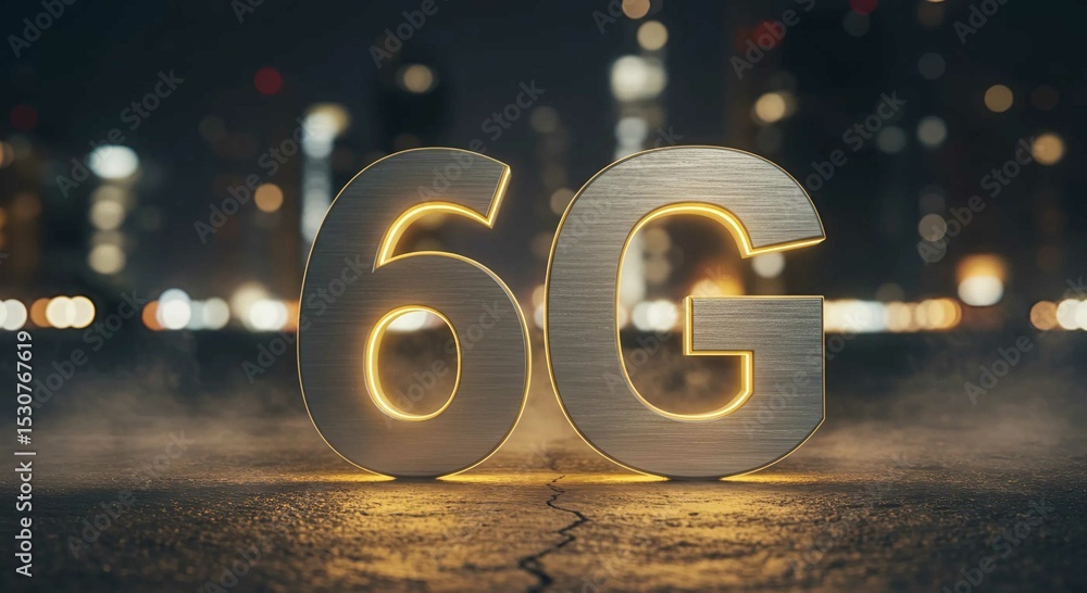 Poster large 6g text made of metallic material with glowing golden edges, symbolizing next generation mobil