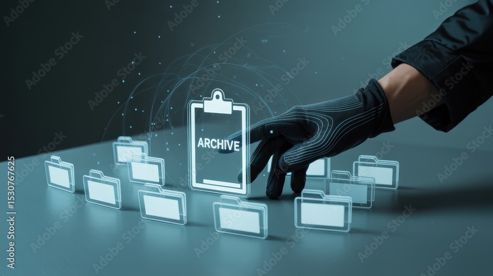 Poster a hand in a glove interacts with digital file folders, representing an archive.