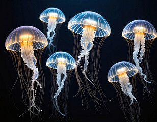 Glowing jellyfish with translucent bodies and long, flowing tentacles gracefully drift through the deep blue water, illuminated by soft internal light in a mesmerizing display.