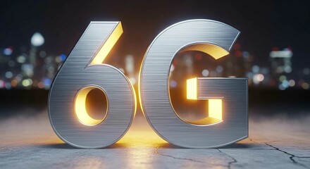Large 6G text made of metallic material with glowing golden edges, symbolizing next generation mobile network and wireless technology concept.