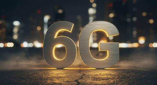Large 6G text made of metallic material with glowing golden edges, symbolizing next generation mobile network and wireless technology concept.