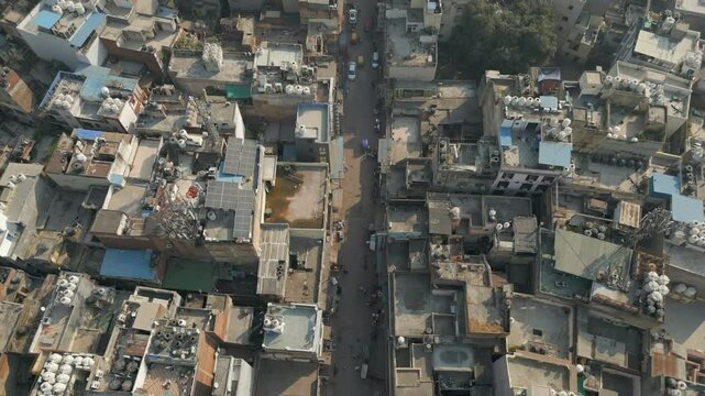 Urban Streets In Downtown Karol Bagh Delhi India Drone Track Slowly Overhead 4K 60FPS