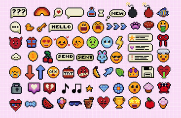 Pixels Y2k funny playful emoticon stickers. Love, kiss, melting smile. 8-bit retro style vector illustration for social media. Set of emoticons pixel art. Emoji pixelated icons. Various faces