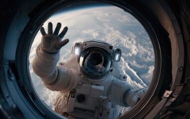 Astronaut reaches out from space station window