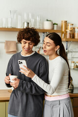 Joyful couple shares laughter and love while enjoying a quiet morning at home together